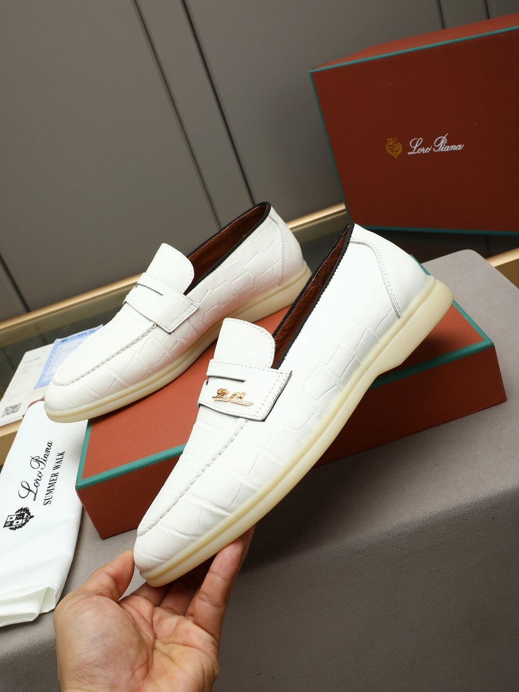 Loro Piana Men's White Textured Loafers